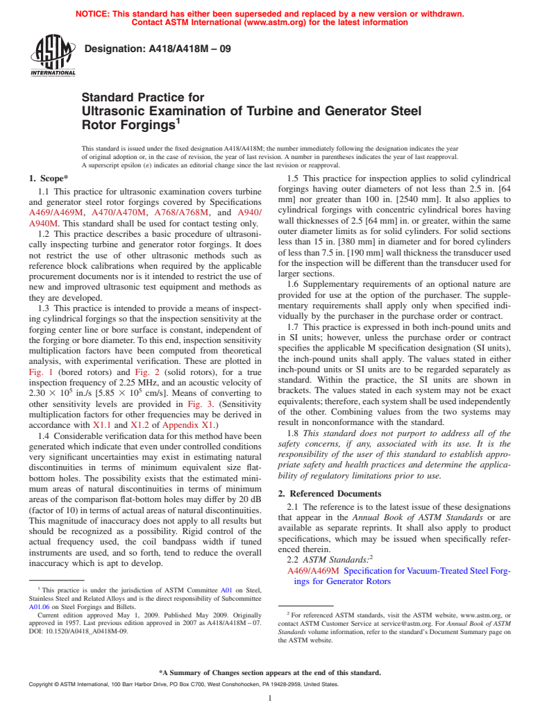 ASTM A418/A418M-09 - Standard Practice for Ultrasonic Examination of Turbine and Generator Steel Rotor Forgings