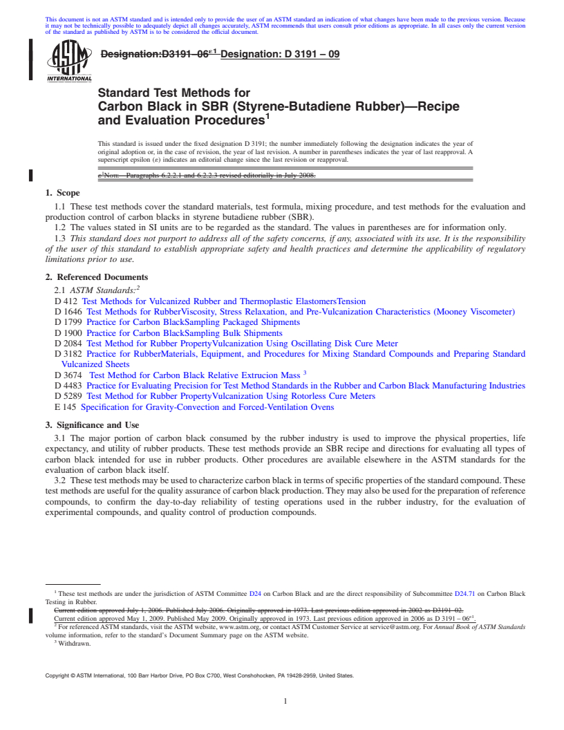 REDLINE ASTM D3191-09 - Standard Test Methods for  Carbon Black in SBR (Styrene-Butadiene Rubber)<span class='unicode'>&#x2014;</span>Recipe and Evaluation Procedures