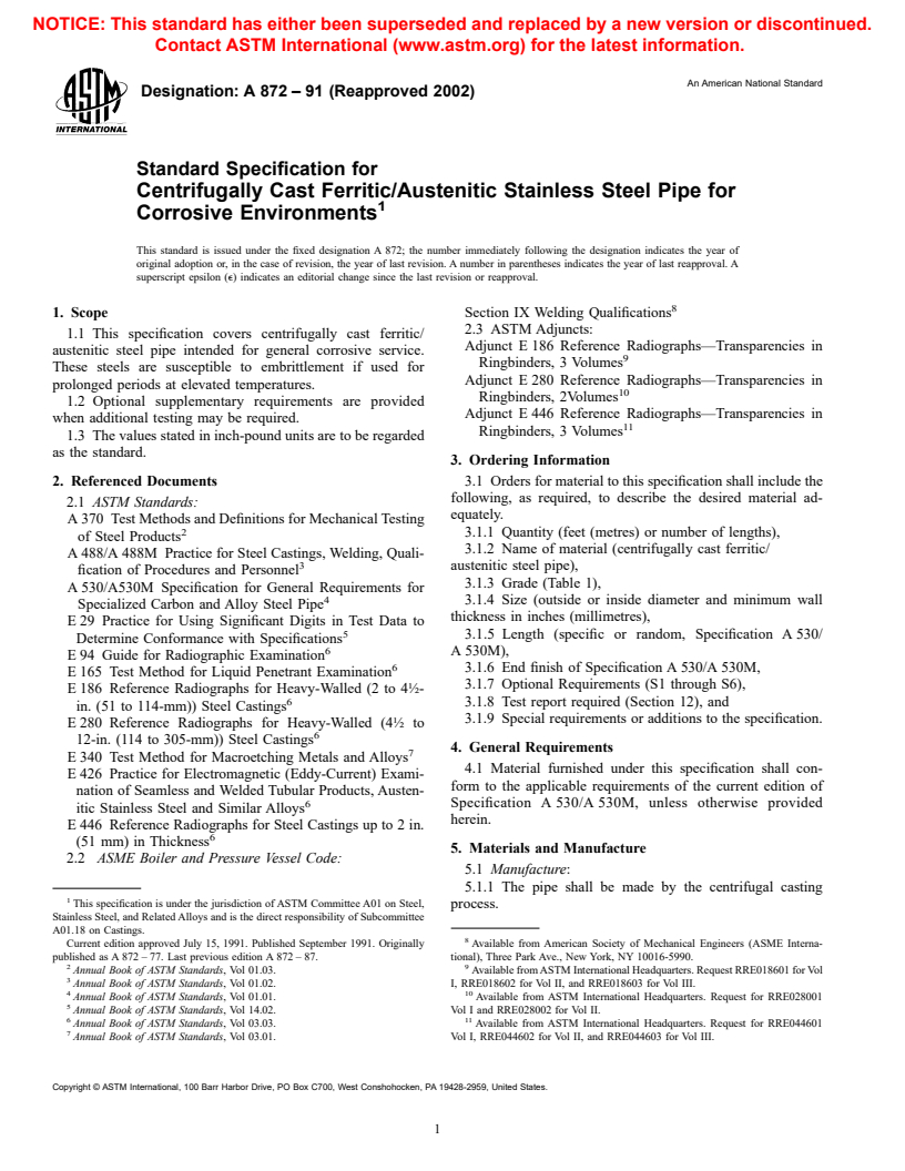 ASTM A872-91(2002) - Standard Specification for Centrifugally Cast Ferritic/Austenitic Stainless Steel Pipe for Corrosive Environments