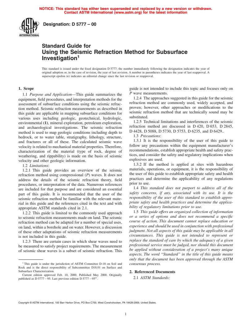 ASTM D5777-00 - Standard Guide for Using the Seismic Refraction Method for Subsurface Investigation