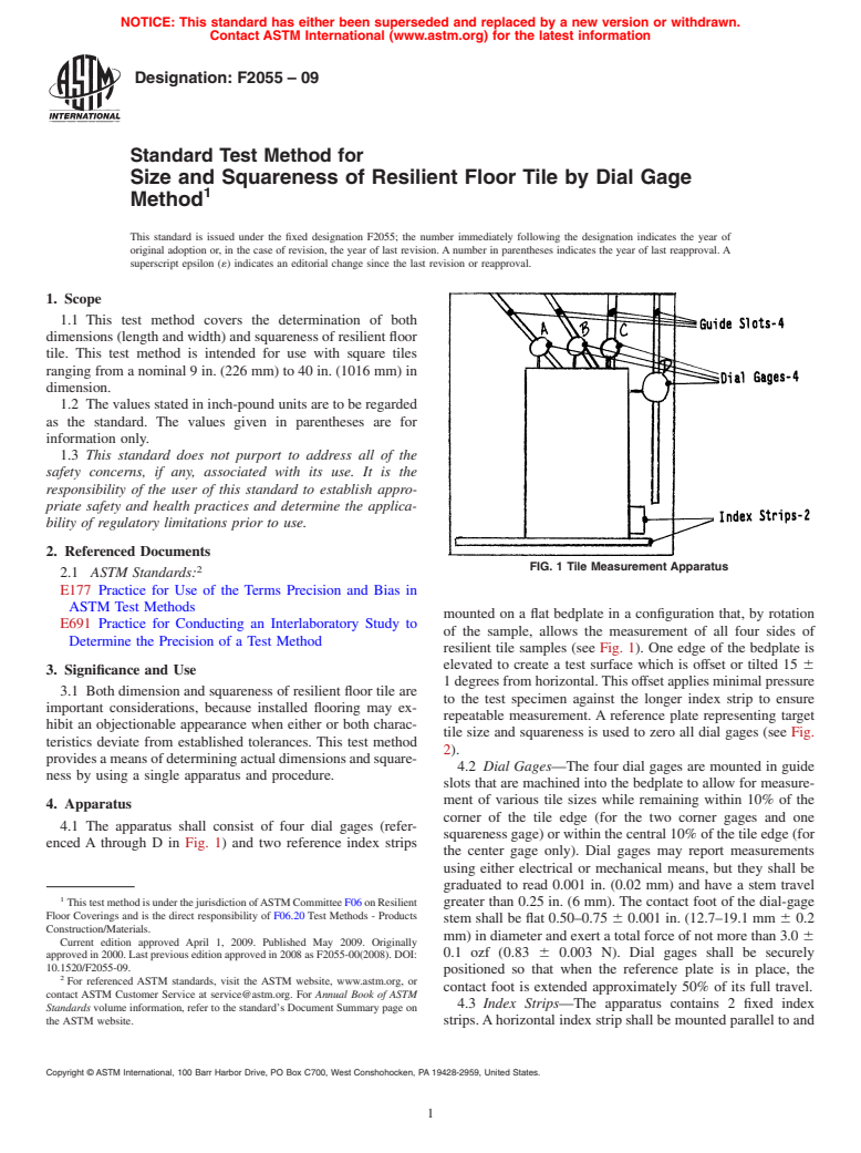 ASTM F2055-09 - Standard Test Method for  Size and Squareness of Resilient Floor Tile by Dial Gage Method