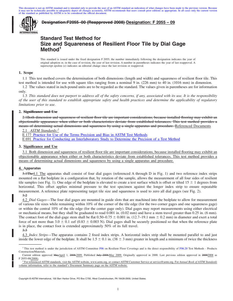 REDLINE ASTM F2055-09 - Standard Test Method for  Size and Squareness of Resilient Floor Tile by Dial Gage Method