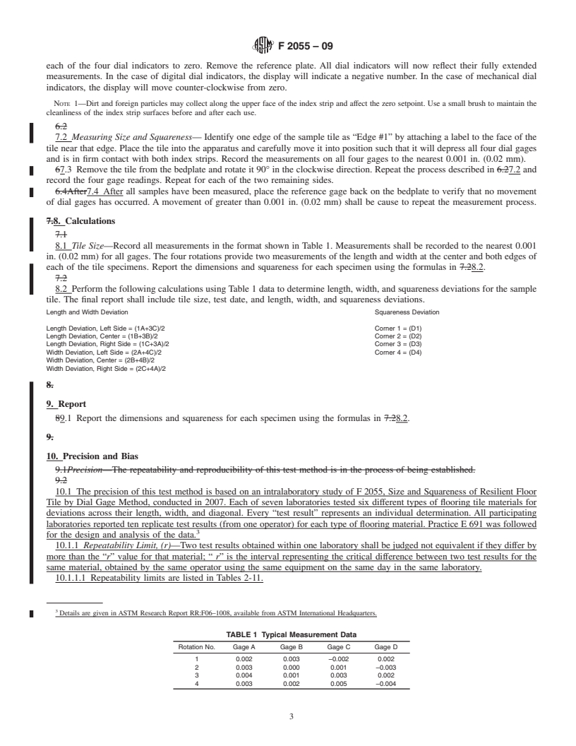 REDLINE ASTM F2055-09 - Standard Test Method for  Size and Squareness of Resilient Floor Tile by Dial Gage Method