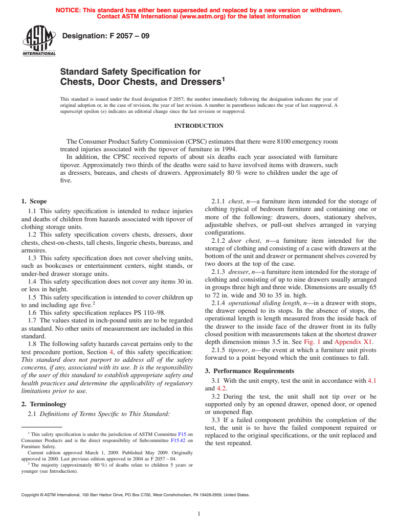 ASTM F2057-09 - Standard Safety Specification for Chests, Door Chests, and Dressers