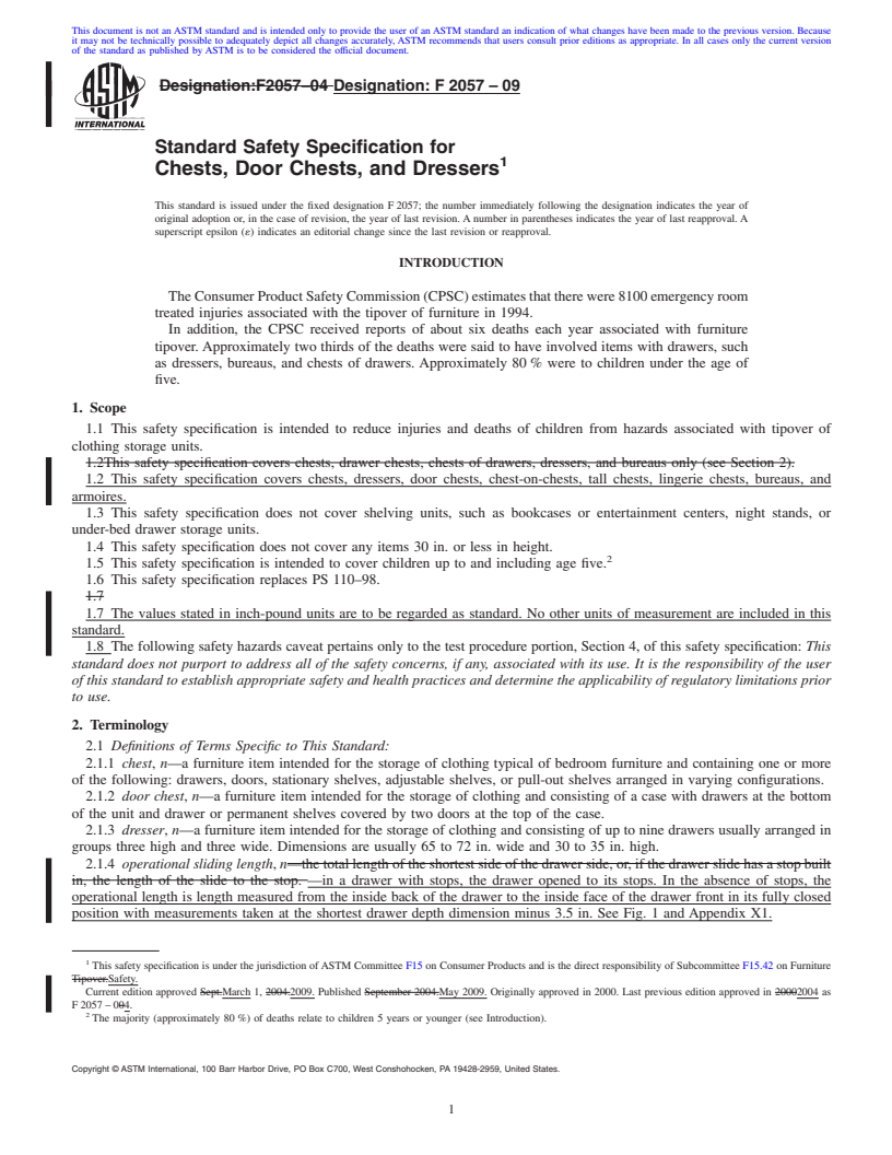 REDLINE ASTM F2057-09 - Standard Safety Specification for Chests, Door Chests, and Dressers