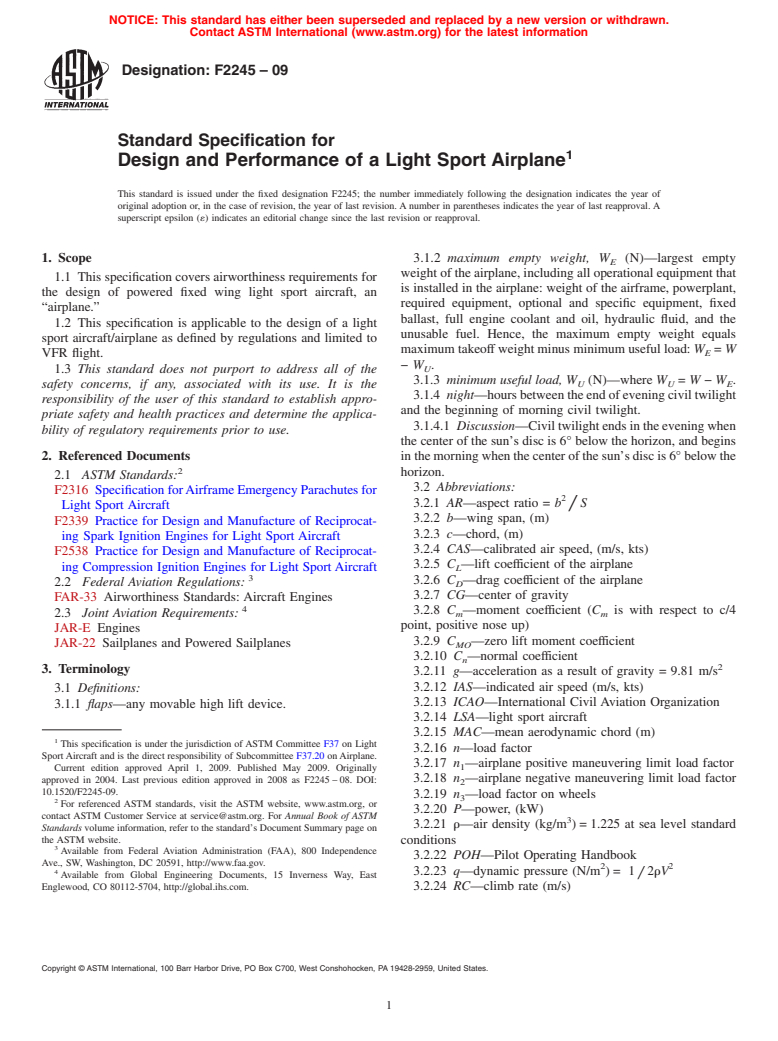 ASTM F2245-09 - Standard Specification for Design and Performance of a Light Sport Airplane