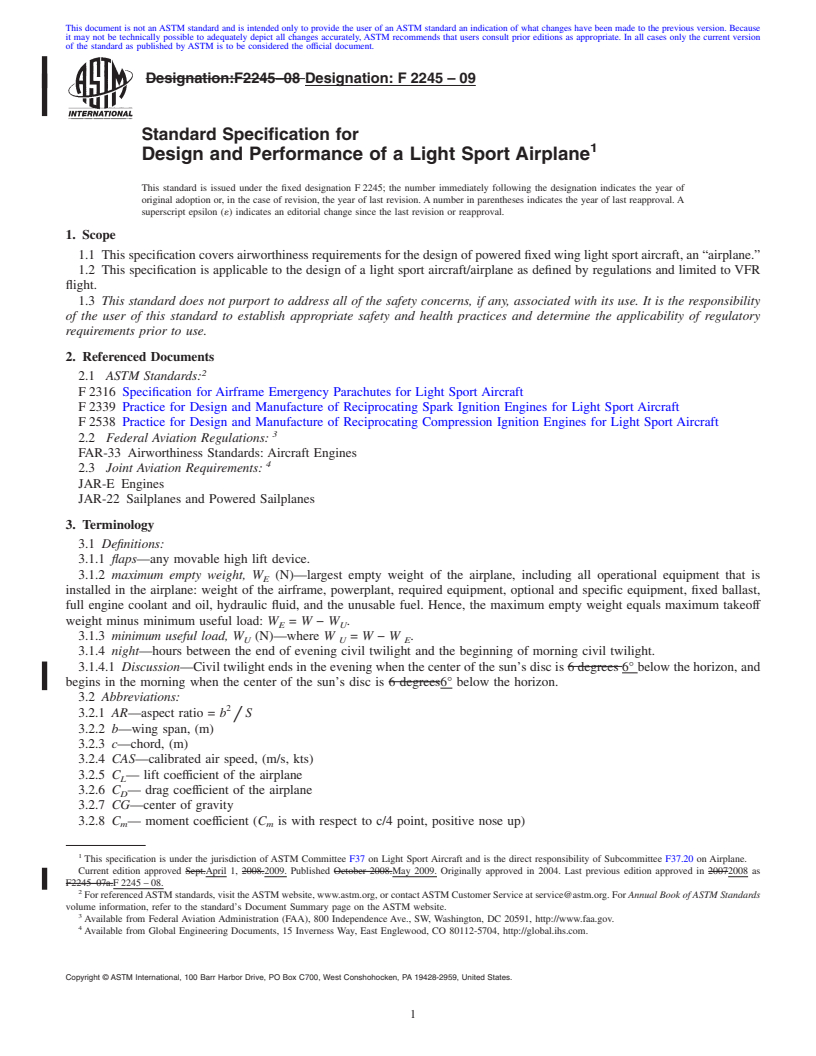 REDLINE ASTM F2245-09 - Standard Specification for Design and Performance of a Light Sport Airplane