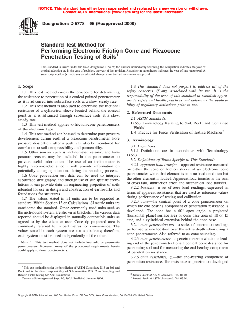 ASTM D5778-95(2000) - Standard Test Method for Performing Electronic Friction Cone and Piezocone Penetration Testing of Soils