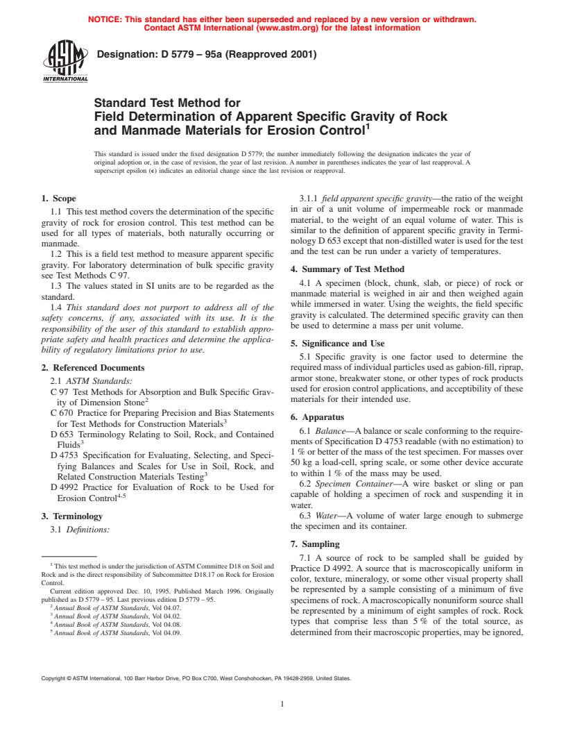 ASTM D5779-95a(2001) - Standard Test Method for Field Determination of Apparent Specific Gravity of Rock and Manmade Materials for Erosion Control