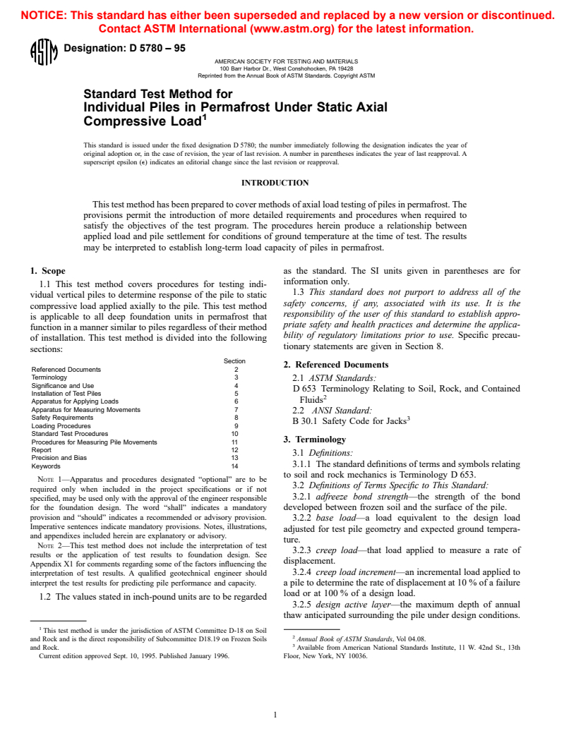 ASTM D5780-95 - Standard Test Method for Individual Piles in Permafrost Under Static Axial Compressive Load