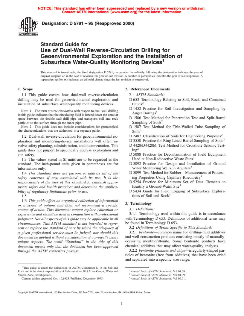 ASTM D5781-95(2000) - Standard Guide for Use of Dual-Wall Reverse-Circulation Drilling for Geoenvironmental Exploration and the Installation of Subsurface Water-Quality Monitoring Devices