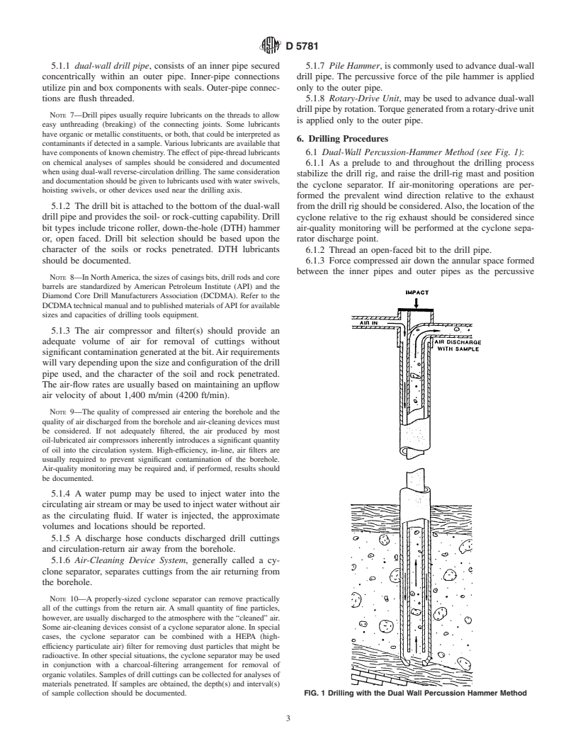 ASTM D5781-95(2000) - Standard Guide for Use of Dual-Wall Reverse-Circulation Drilling for Geoenvironmental Exploration and the Installation of Subsurface Water-Quality Monitoring Devices