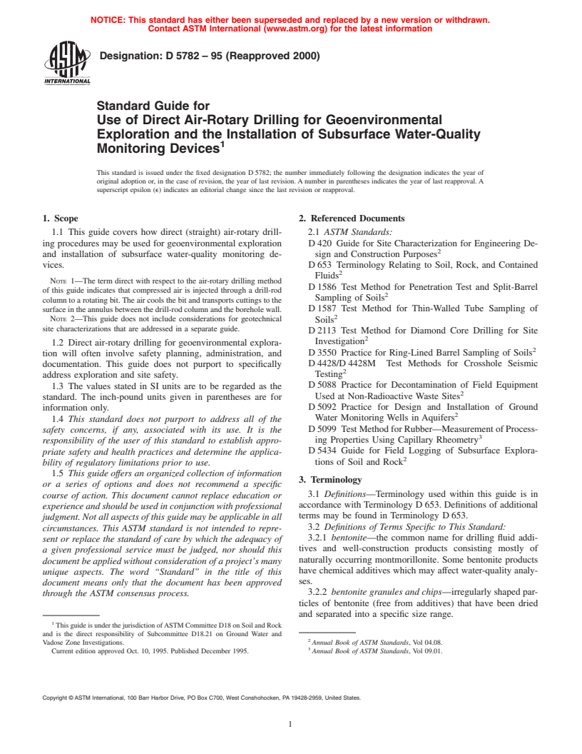 ASTM D5782-95(2000) - Standard Guide for Use of Direct Air-Rotary Drilling for Geoenvironmental Exploration and the Installation of Subsurface Water-Quality Monitoring Devices