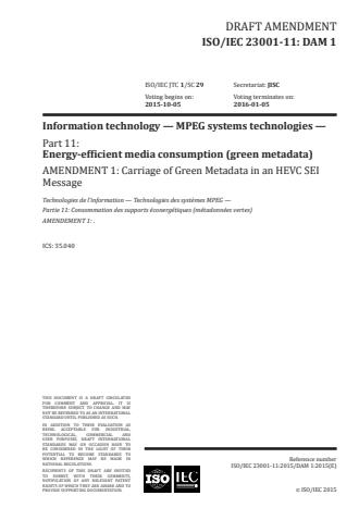 ISO/IEC 23001-11:2015/Amd 1:2016 - Carriage of green metadata in an HEVC SEI message