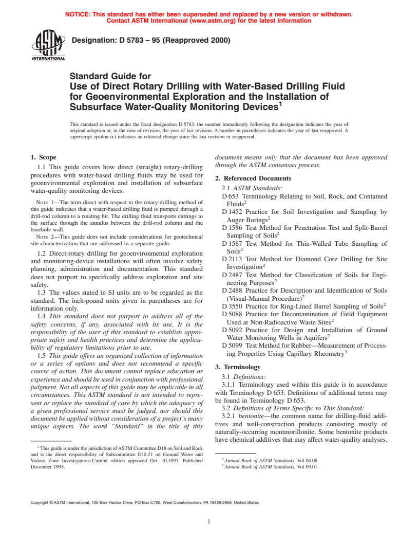 ASTM D5783-95(2000) - Standard Guide for Use of Direct Rotary Drilling with Water-Based Drilling Fluid for Geoenvironmental Exploration and the Installation of Subsurface Water-Quality Monitoring Devices