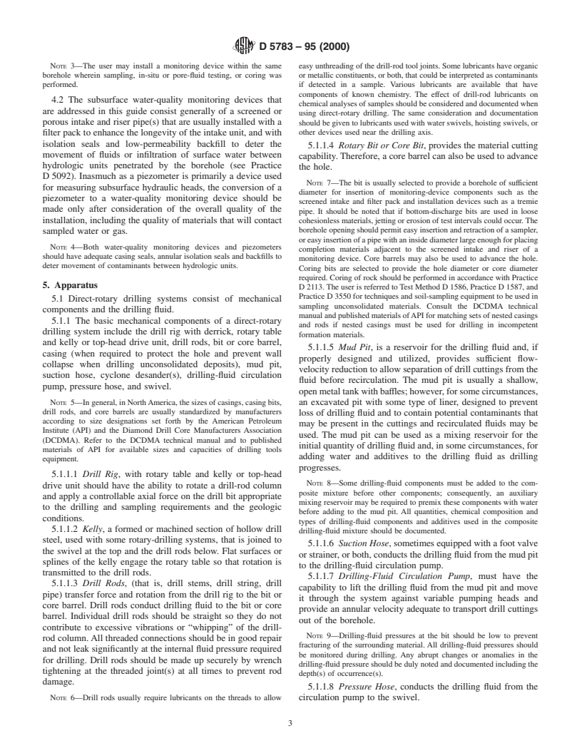 ASTM D5783-95(2000) - Standard Guide for Use of Direct Rotary Drilling with Water-Based Drilling Fluid for Geoenvironmental Exploration and the Installation of Subsurface Water-Quality Monitoring Devices