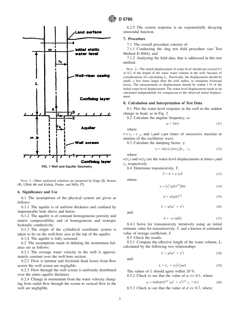 ASTM D5785-95(2000) - Standard Test Method for (Analytical Procedure) for Determining Transmissivity of Confined Nonleaky Aquifers by Underdamped Well Response to Instantaneous Change in Head (Slug Test)