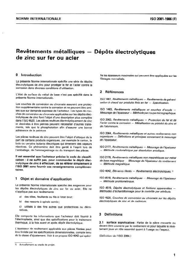 ISO 2081:1986 - Revetements métalliques -- Dépôts électrolytiques de zinc sur fer ou acier