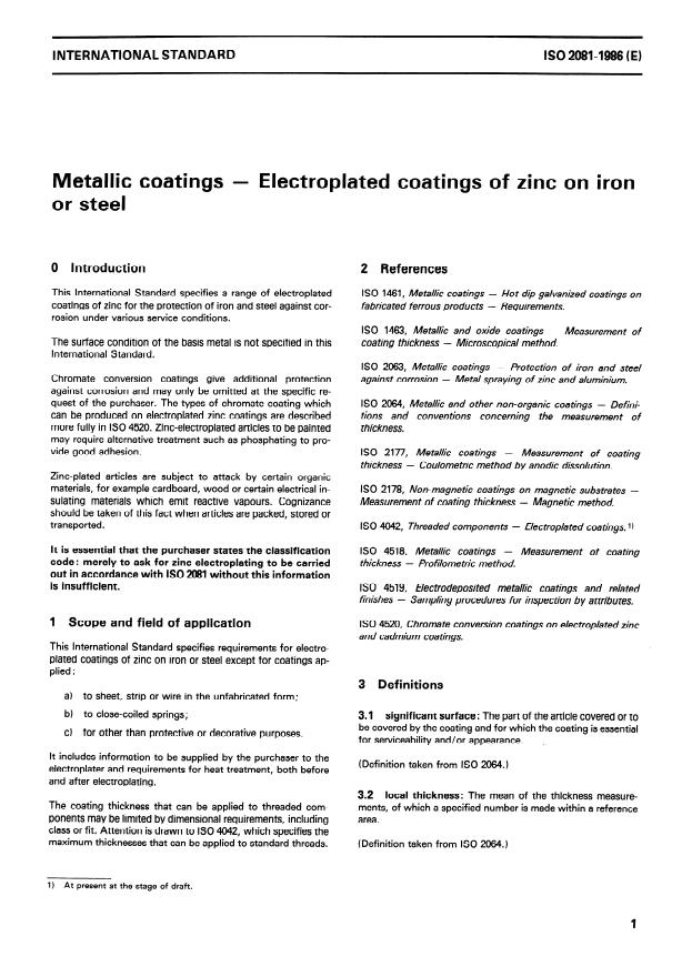 ISO 2081:1986 - Metallic coatings -- Electroplated coatings of zinc on iron or steel