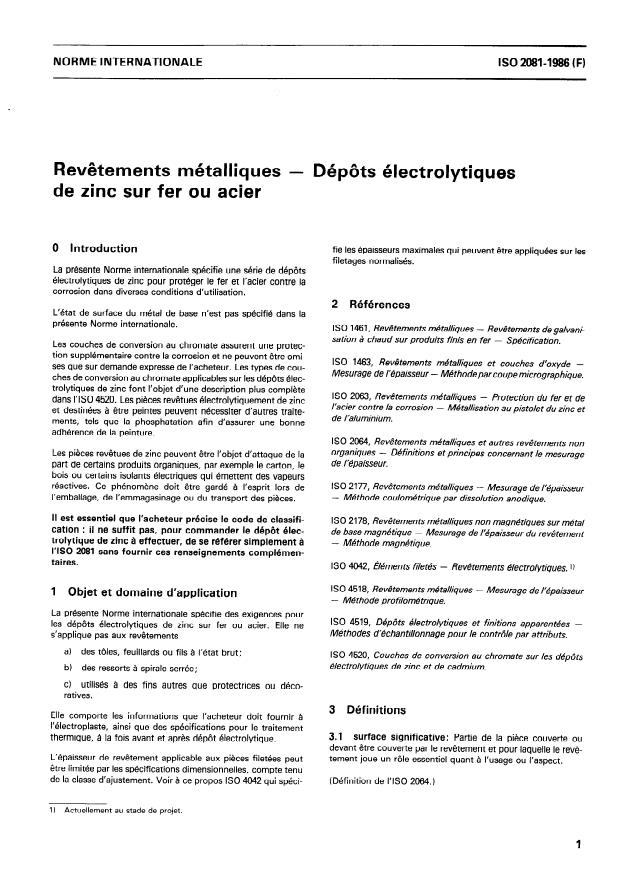 ISO 2081:1986 - Revetements métalliques -- Dépôts électrolytiques de zinc sur fer ou acier