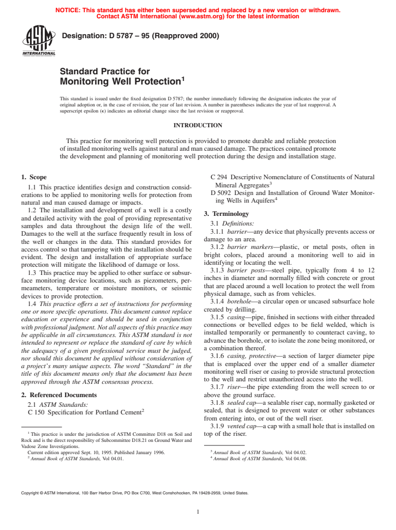 ASTM D5787-95(2000) - Standard Practice for Monitoring Well Protection