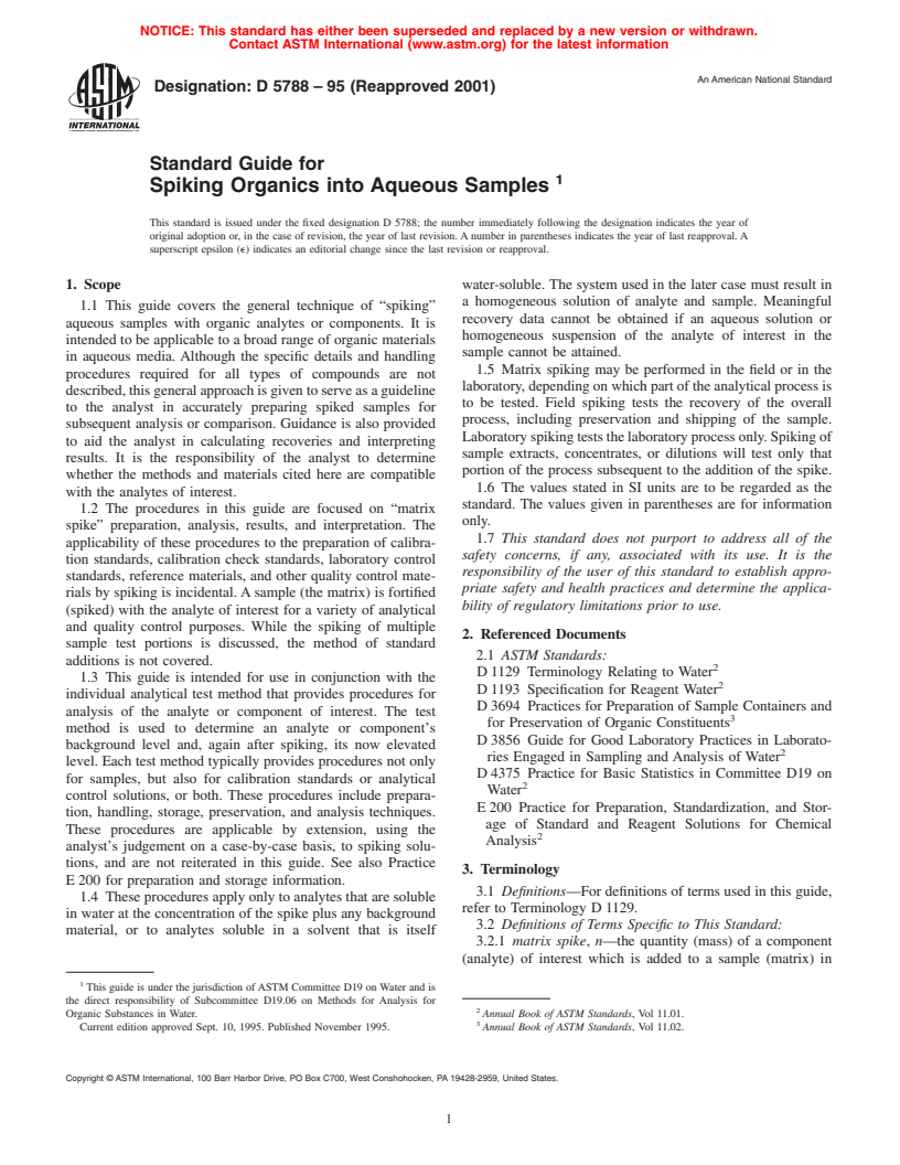 ASTM D5788-95(2001) - Standard Guide for Spiking Organics into Aqueous Samples