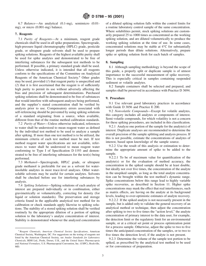 ASTM D5788-95(2001) - Standard Guide for Spiking Organics into Aqueous Samples