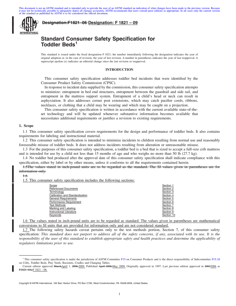 REDLINE ASTM F1821-09 - Standard Consumer Safety Specification for Toddler Beds