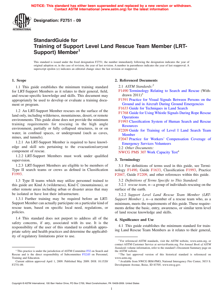 ASTM F2751-09 - Standard Guide for Training of Support Level Land Rescue Team Member (LRT-Support) Member