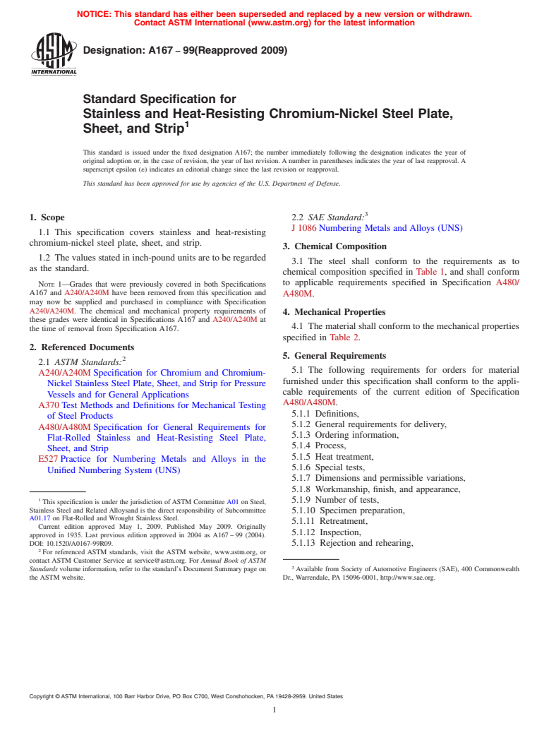 ASTM A167-99(2009) - Standard Specification for Stainless and Heat-Resisting Chromium-Nickel Steel Plate, Sheet, and Strip (Withdrawn 2014)