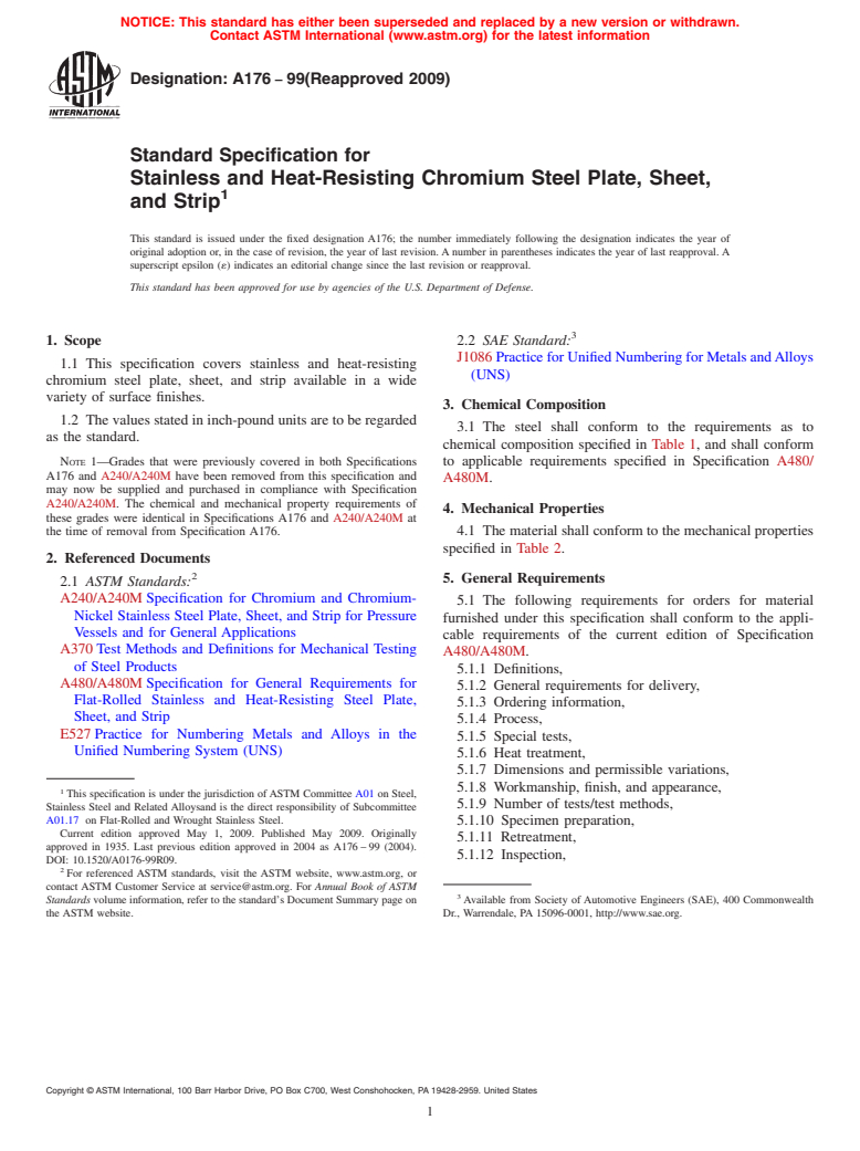 ASTM A176-99(2009) - Standard Specification for Stainless and Heat-Resisting Chromium Steel Plate, Sheet, and Strip (Withdrawn 2015)