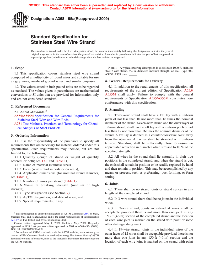 ASTM A368-95a(2009) - Standard Specification for Stainless Steel Wire Strand