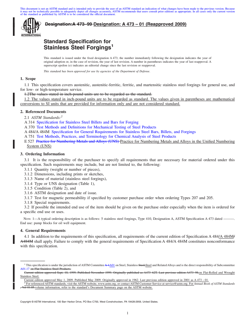 REDLINE ASTM A473-01(2009) - Standard Specification for Stainless Steel Forgings