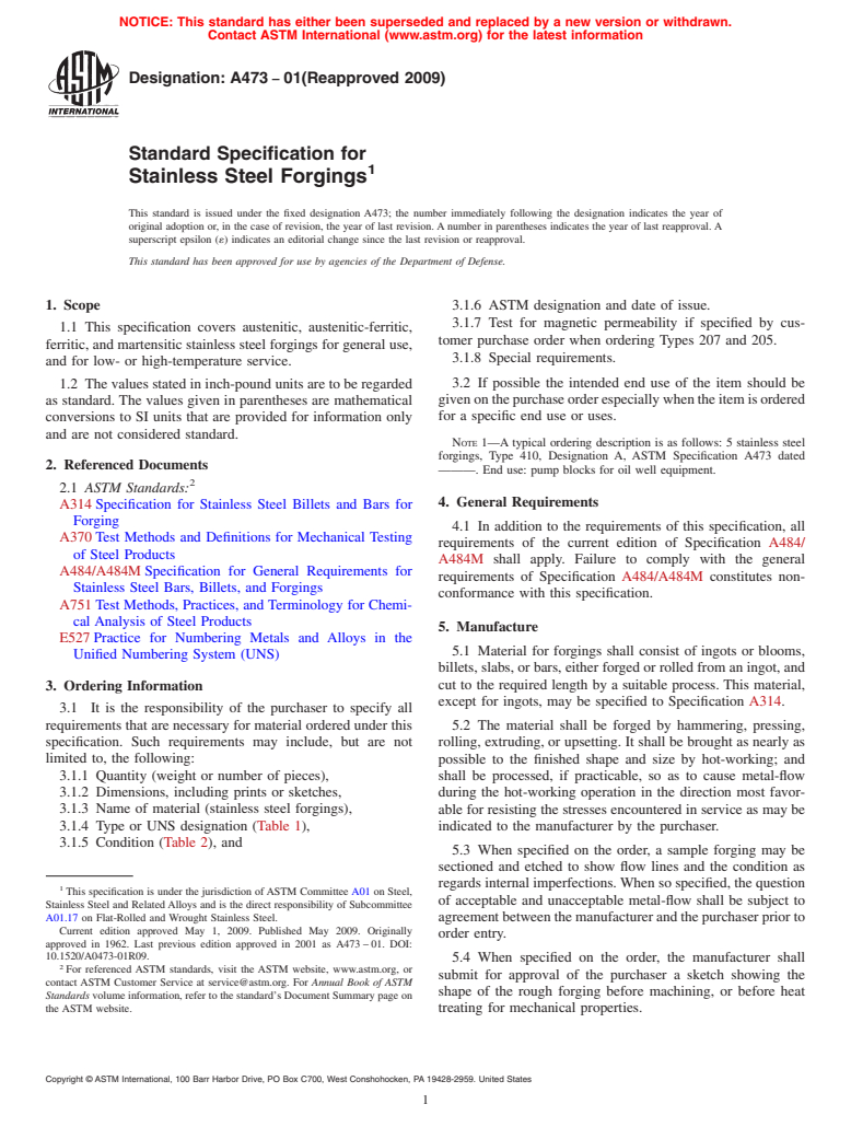 ASTM A473-01(2009) - Standard Specification for Stainless Steel Forgings