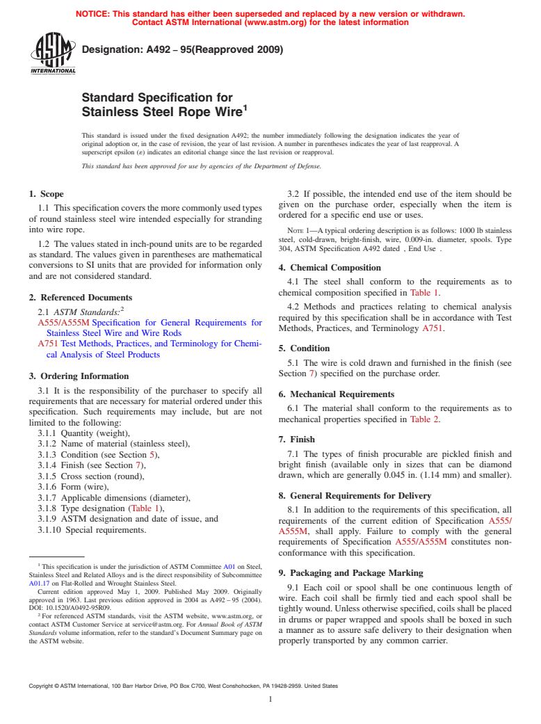 ASTM A492-95(2009) - Standard Specification for Stainless Steel Rope Wire