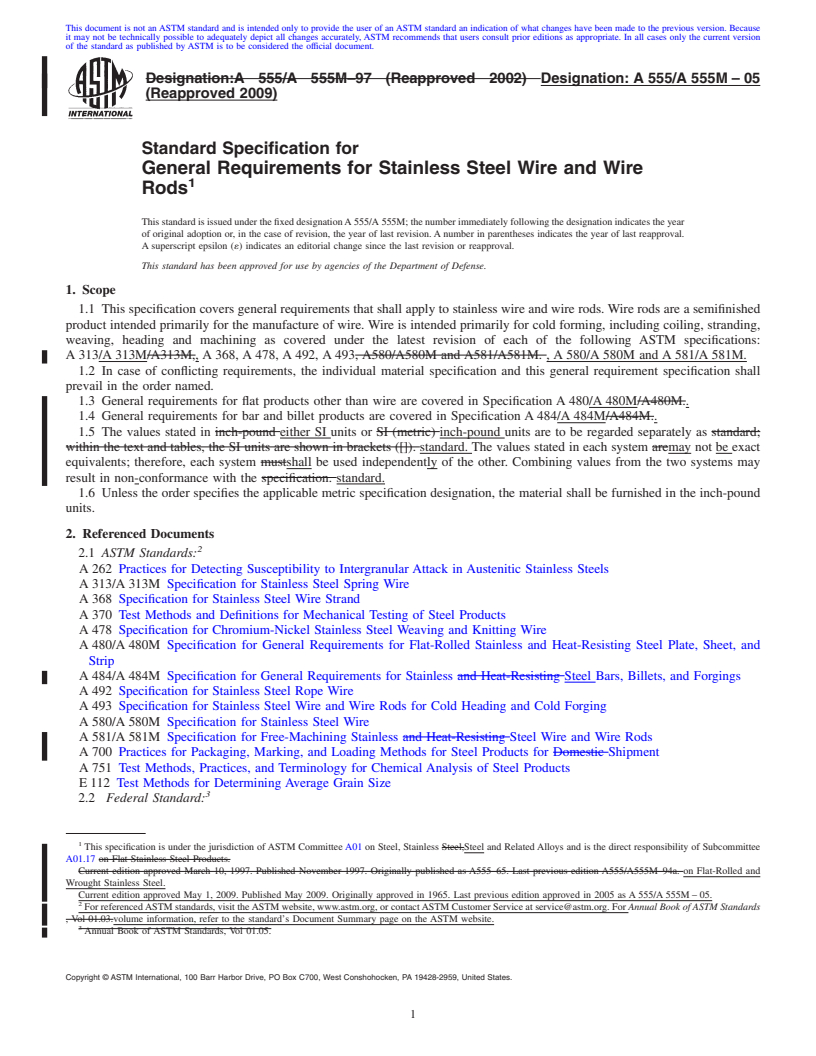 REDLINE ASTM A555/A555M-05(2009) - Standard Specification for General Requirements for Stainless Steel Wire and Wire Rods