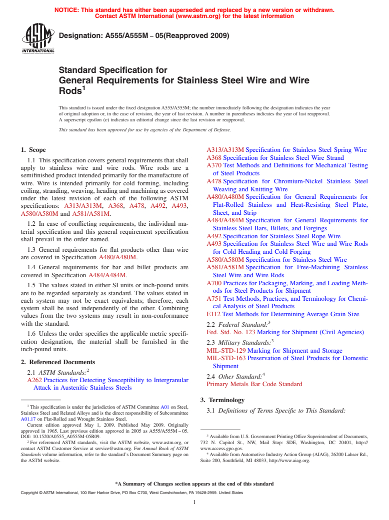 ASTM A555/A555M-05(2009) - Standard Specification for General Requirements for Stainless Steel Wire and Wire Rods