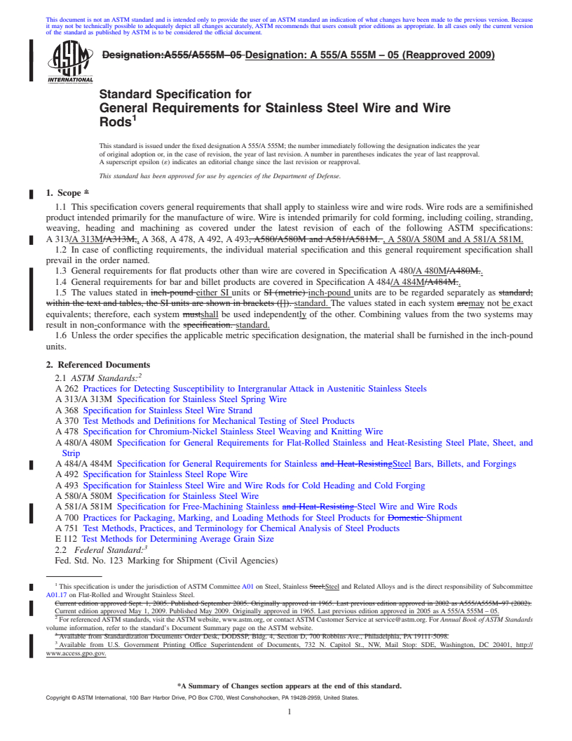 REDLINE ASTM A555/A555M-05(2009) - Standard Specification for General Requirements for Stainless Steel Wire and Wire Rods