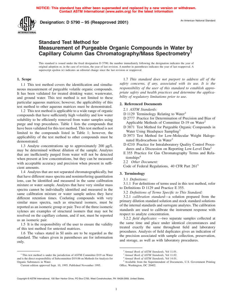 ASTM D5790-95(2001) - Standard Test Method for Measurement of Purgeable Organic Compounds in Water by Capillary Column Gas Chromatography/Mass Spectrometry