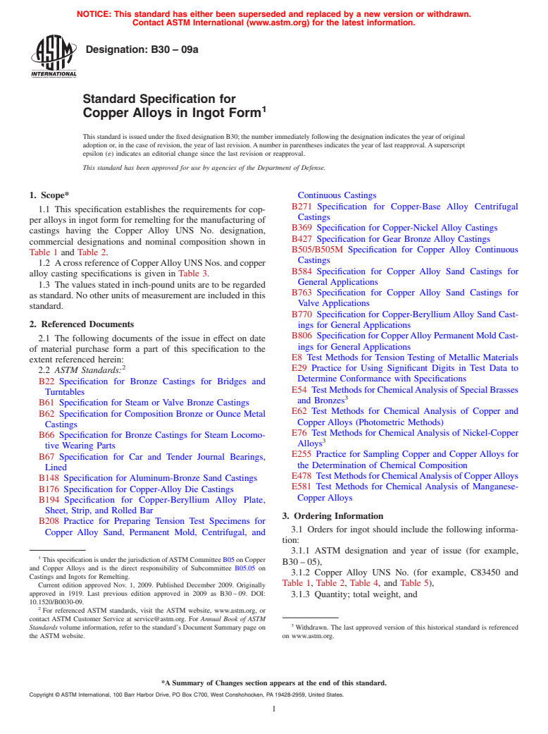 ASTM B30-09 - Standard Specification for  Copper Alloys in Ingot Form