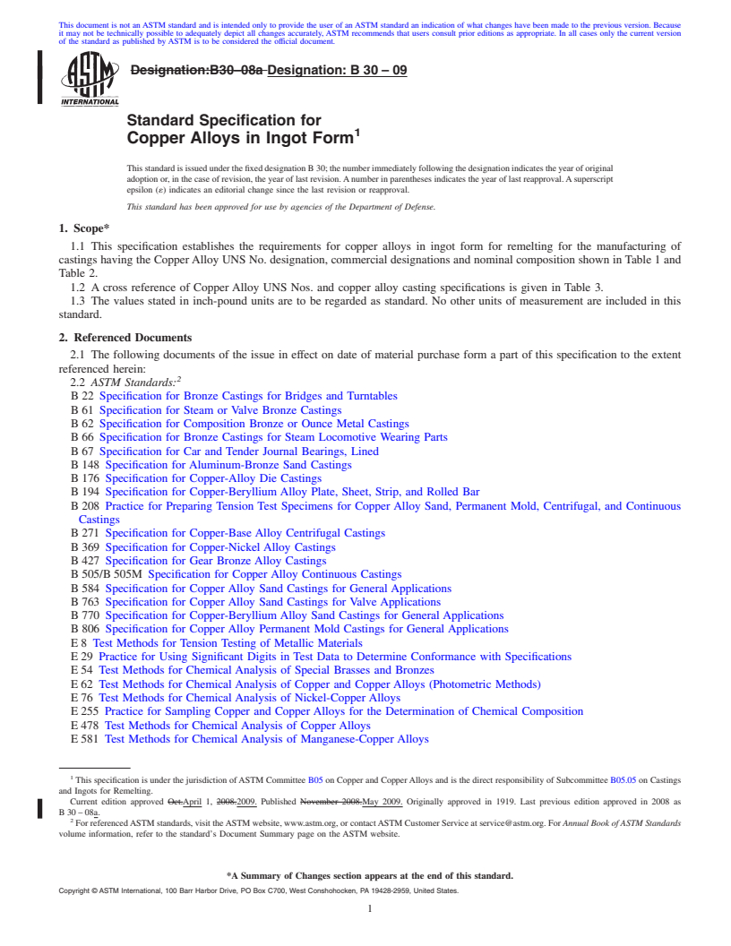 REDLINE ASTM B30-09 - Standard Specification for  Copper Alloys in Ingot Form