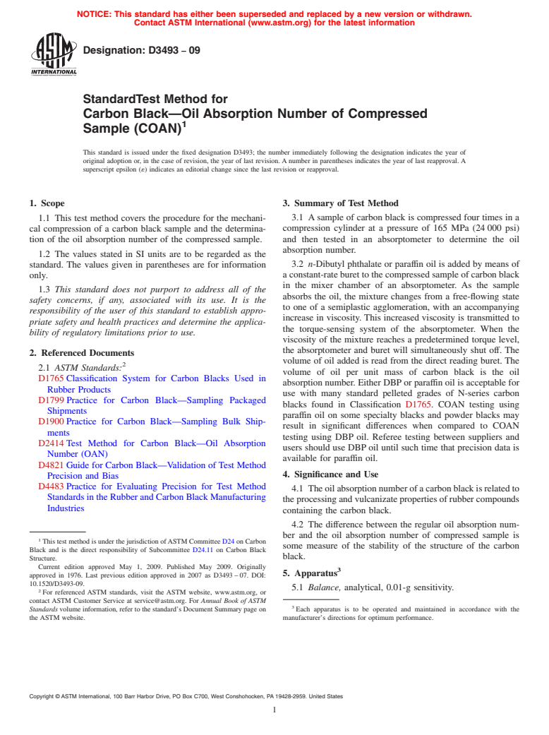 ASTM D3493-09 - Standard Test Method for Carbon Black-Oil Absorption Number of Compressed Sample (COAN)