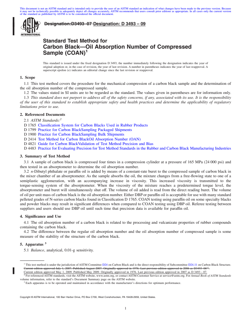 REDLINE ASTM D3493-09 - Standard Test Method for Carbon Black-Oil Absorption Number of Compressed Sample (COAN)