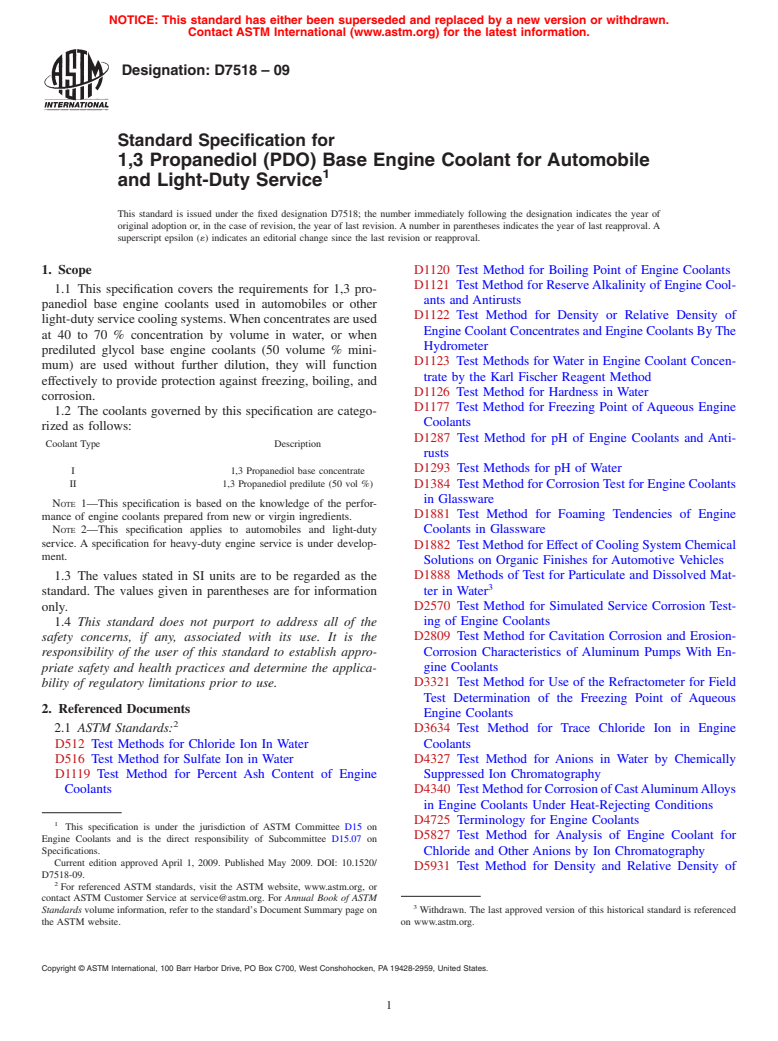 ASTM D7518-09 - Standard Specification for 1,3 Propanediol (PDO) Base Engine Coolant for Automobile and Light-Duty Service