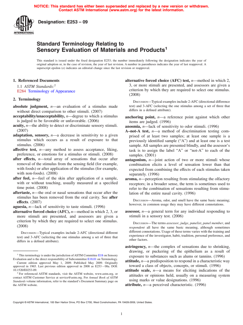 ASTM E253-09 - Standard Terminology Relating to Sensory Evaluation of Materials and Products