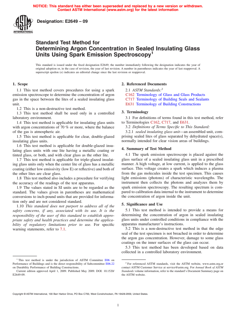 ASTM E2649-09 - Standard Test Method for Determining Argon Concentration in Sealed Insulating Glass Units Using Spark Emission Spectroscopy