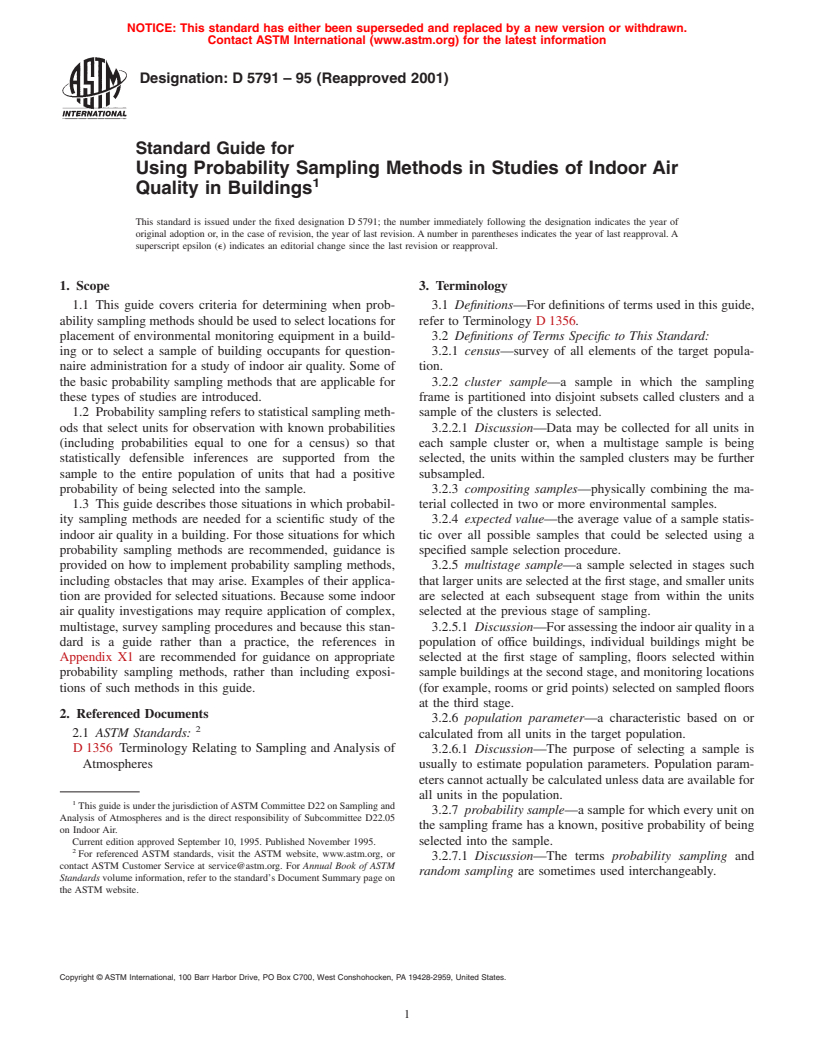 ASTM D5791-95(2001) - Standard Guide for Using Probability Sampling Methods in Studies of Indoor Air Quality in Buildings