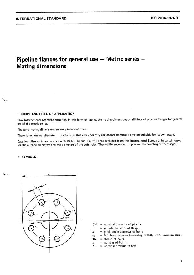 ISO 2084:1974 - Pipeline flanges for general use -- Metric series -- Mating dimensions