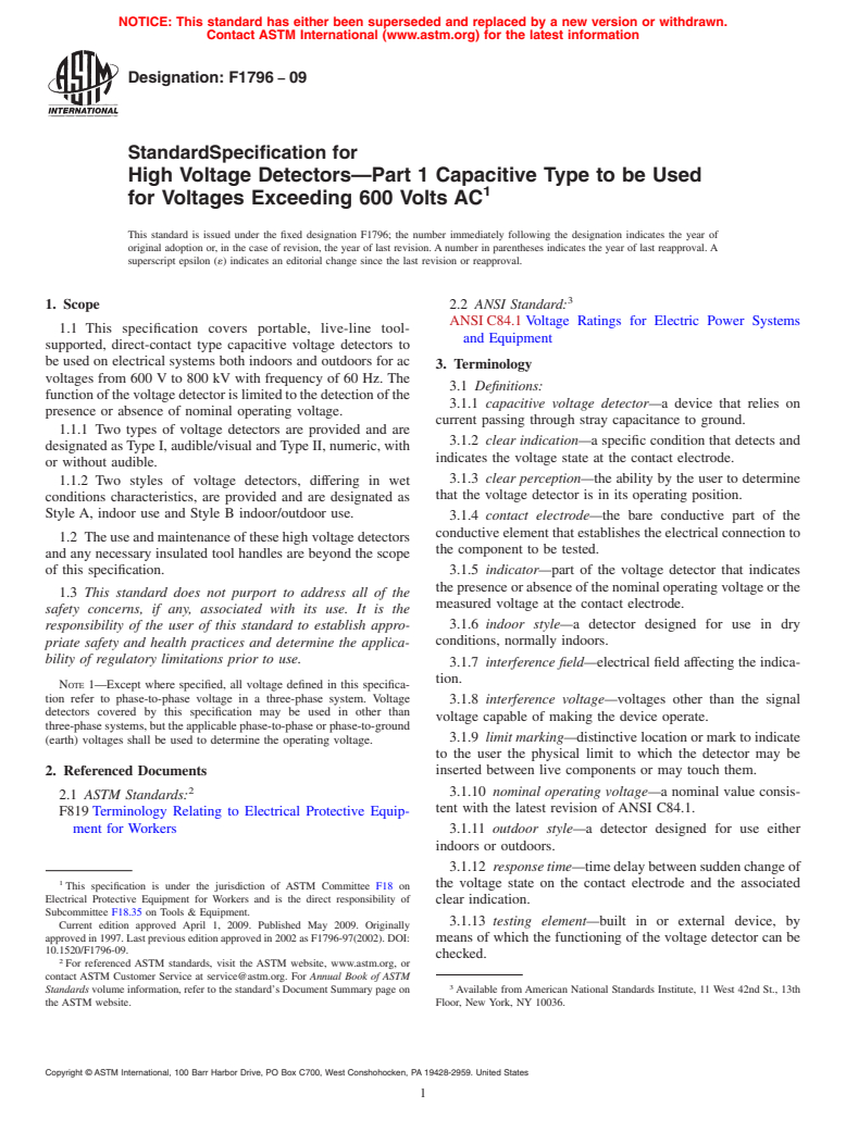 ASTM F1796-09 - Standard Specification for High Voltage Detectors&#8212;Part 1 Capacitive Type to be Used for Voltages Exceeding 600 Volts AC