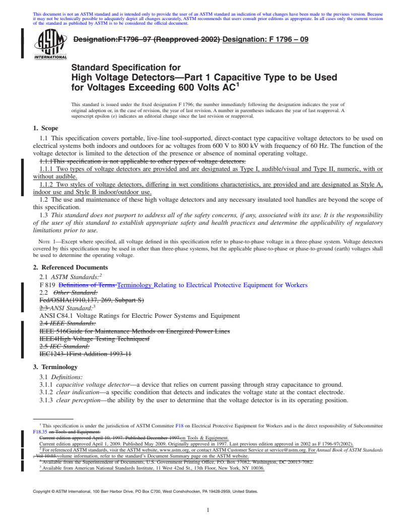 REDLINE ASTM F1796-09 - Standard Specification for High Voltage Detectors&#8212;Part 1 Capacitive Type to be Used for Voltages Exceeding 600 Volts AC